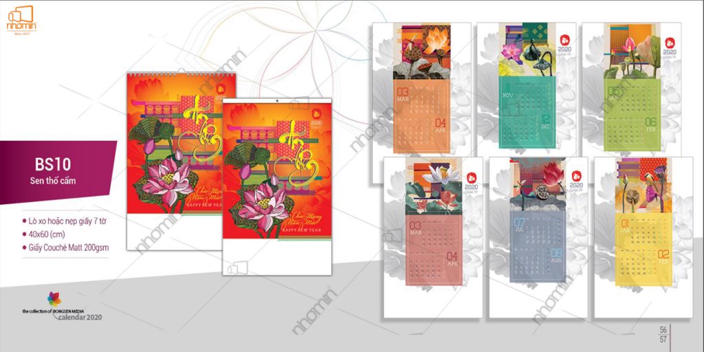 Mẫu lịch treo tường đẹp phôi sẵn 2020 - Sen thổ cẩm